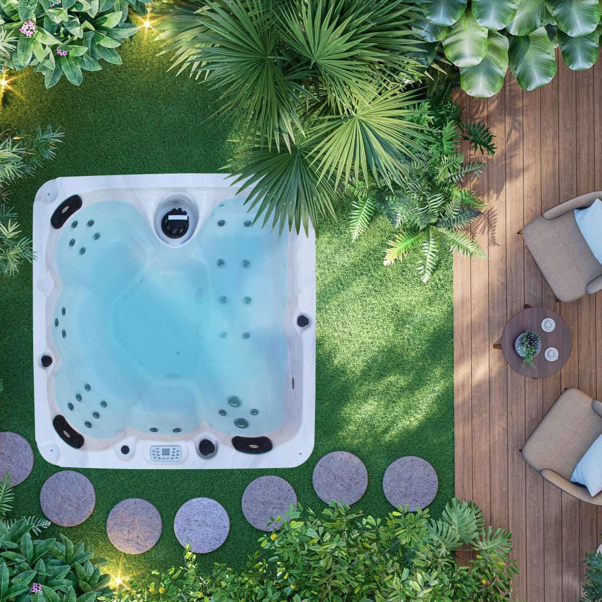 Outdoorwhirlpool PALMA WHITE MARBLE inkl. Abdeckung und Stiege 190x190x86 cm frostsicher