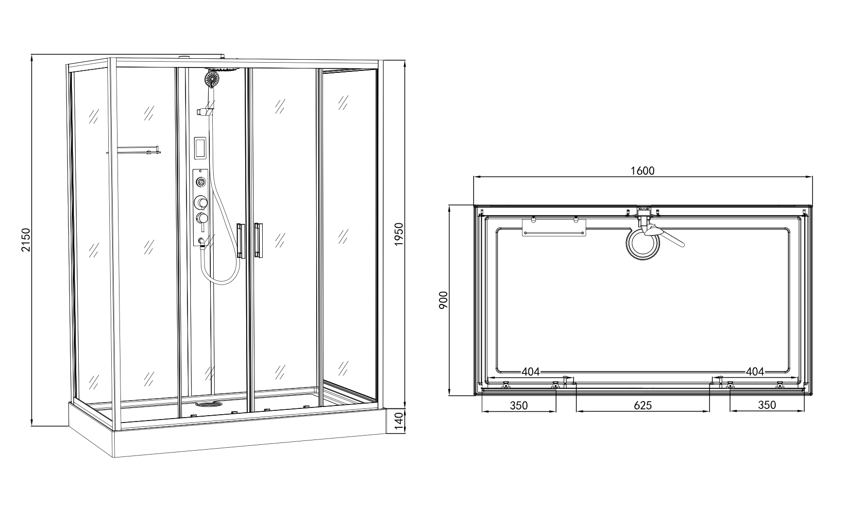 Complete shower enclosure New York - with quick assembly 90 x 160 x 215 cm