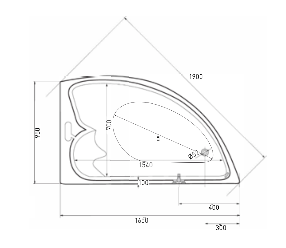 Eckbadewanne LIVERPOOL 165x95x45,5 cm