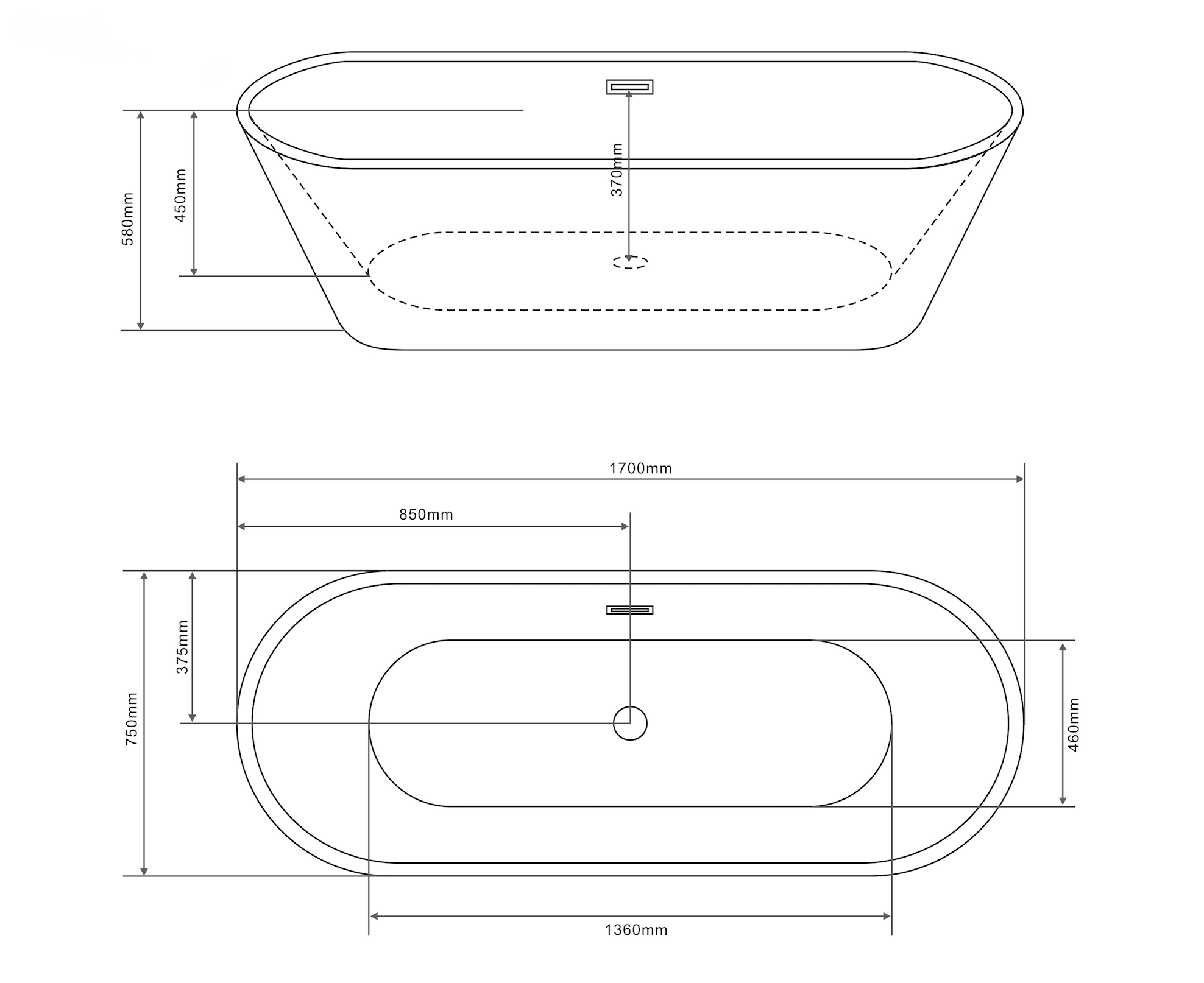 Bañera exenta YORK 170 x 75 x 58 cm