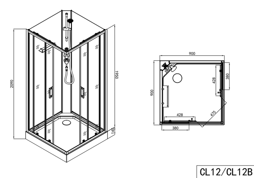Komplettduschkabine DENVER - mit Schnellmontage 90 x 90 x 210 cm