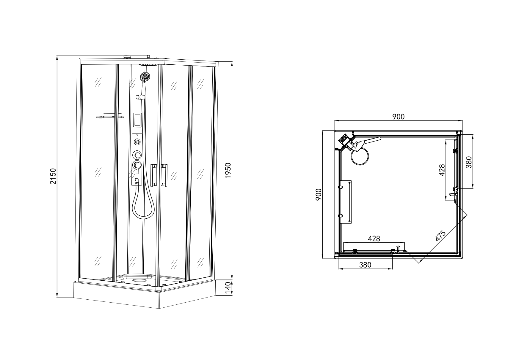 Cabina de ducha completa Miami - con montaje rápido 90 x 90 x 215 cm