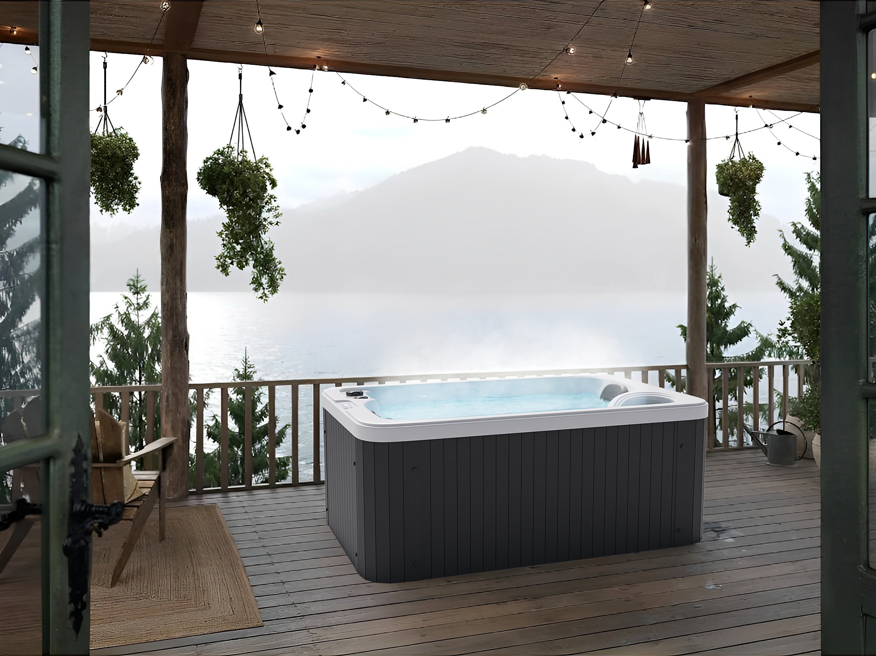 Bañera de hidromasaje exterior SPLIT MÁRMOL BLANCO con cubierta 175x115x70 cm resistente a las heladas