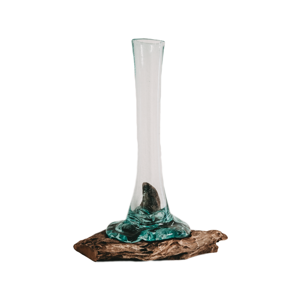 Raíz de teca con jarrón de cristal mediano.