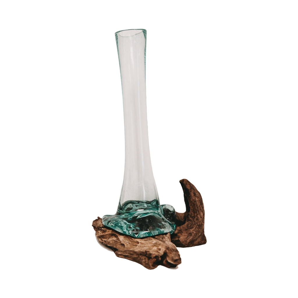 Raíz de teca con jarrón de cristal mediano.