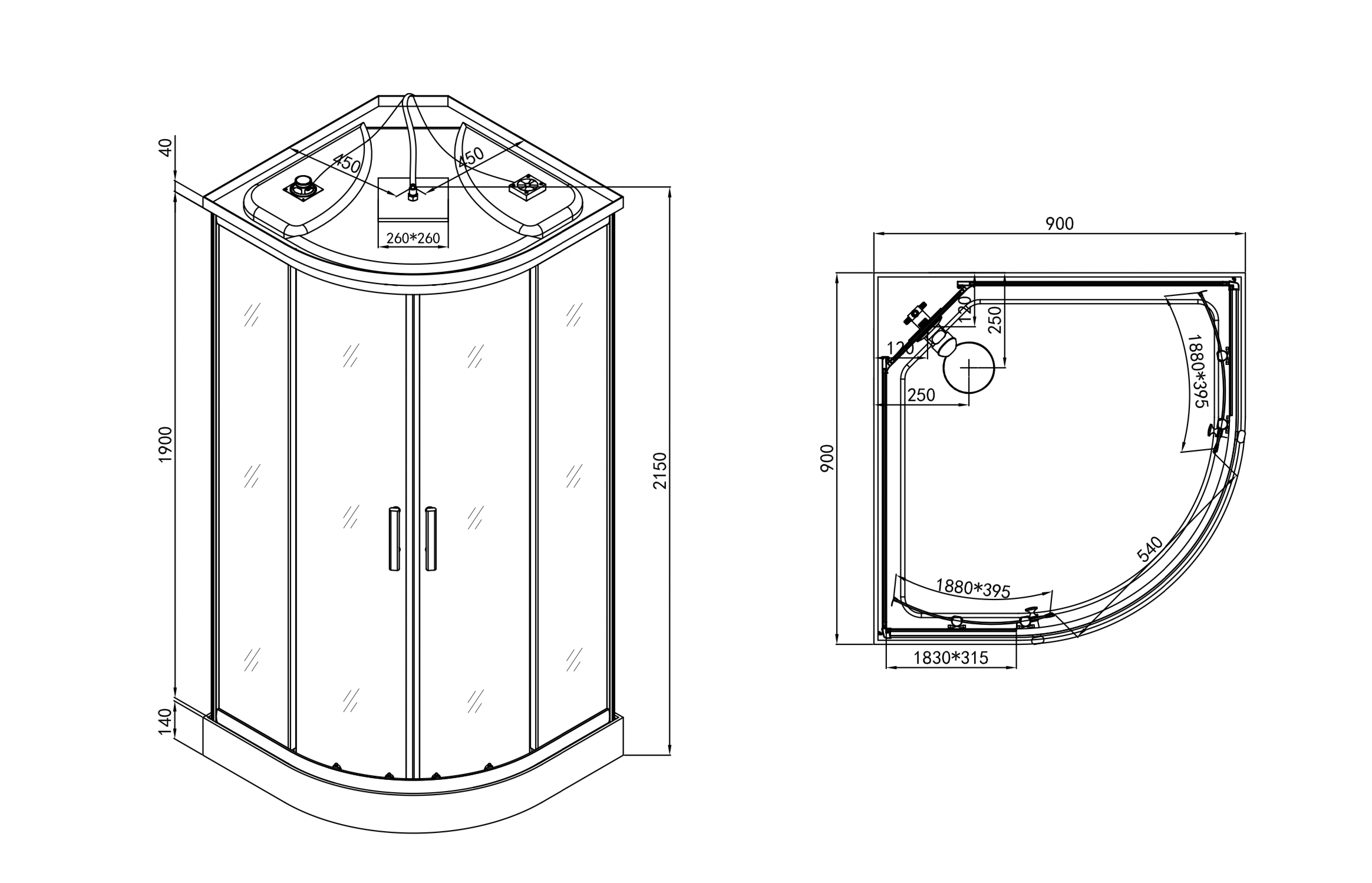 Complete shower enclosure TREND 1 with quick assembly 90x90x215 cm