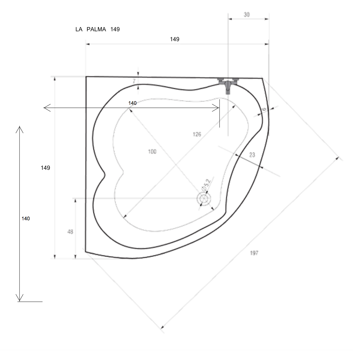 Corner bathtub LA PALMA 149x149x55 cm