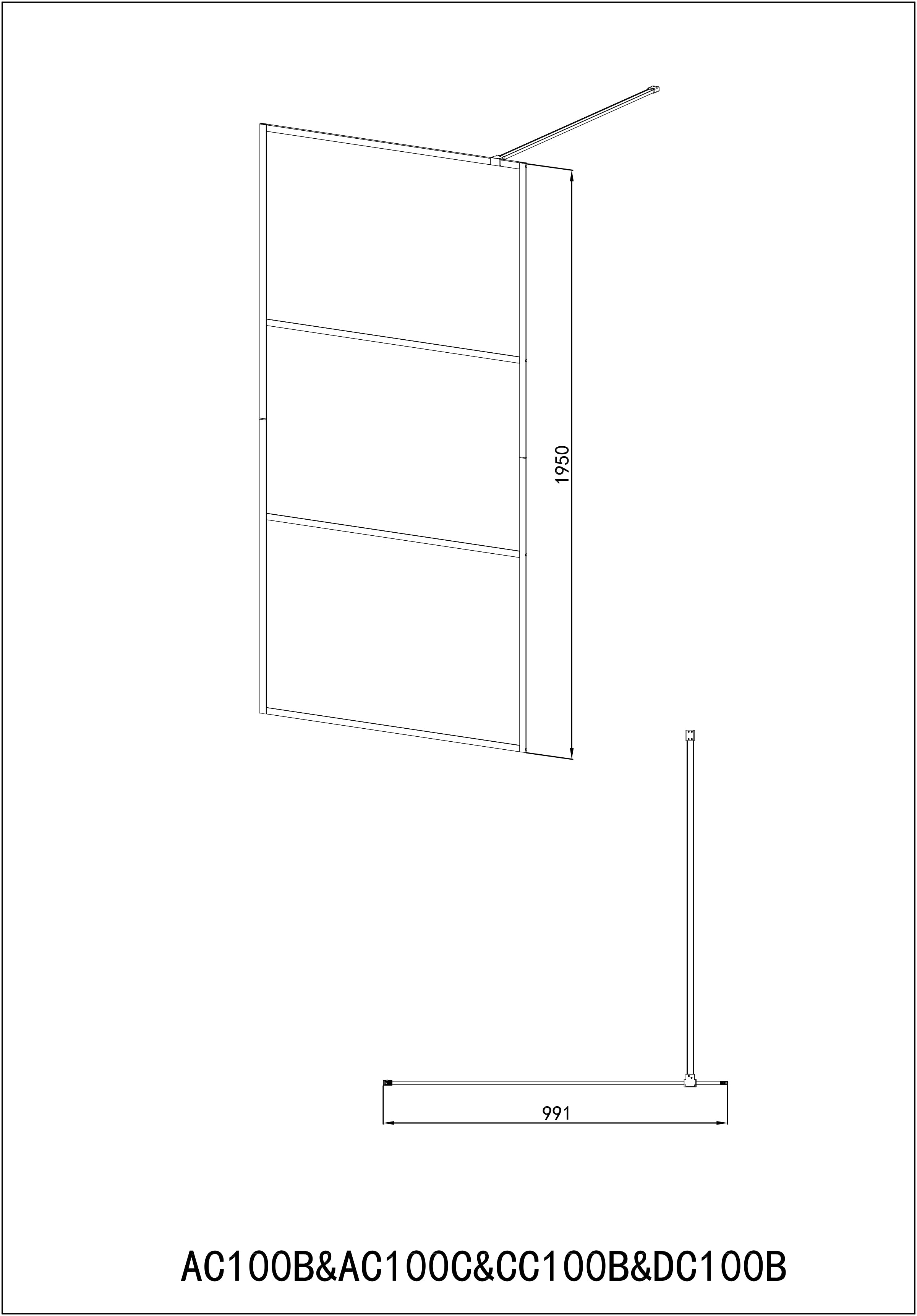 Cabina de ducha con estructura cromada de 3 piezas y cristal esmerilado central en diferentes tamaños