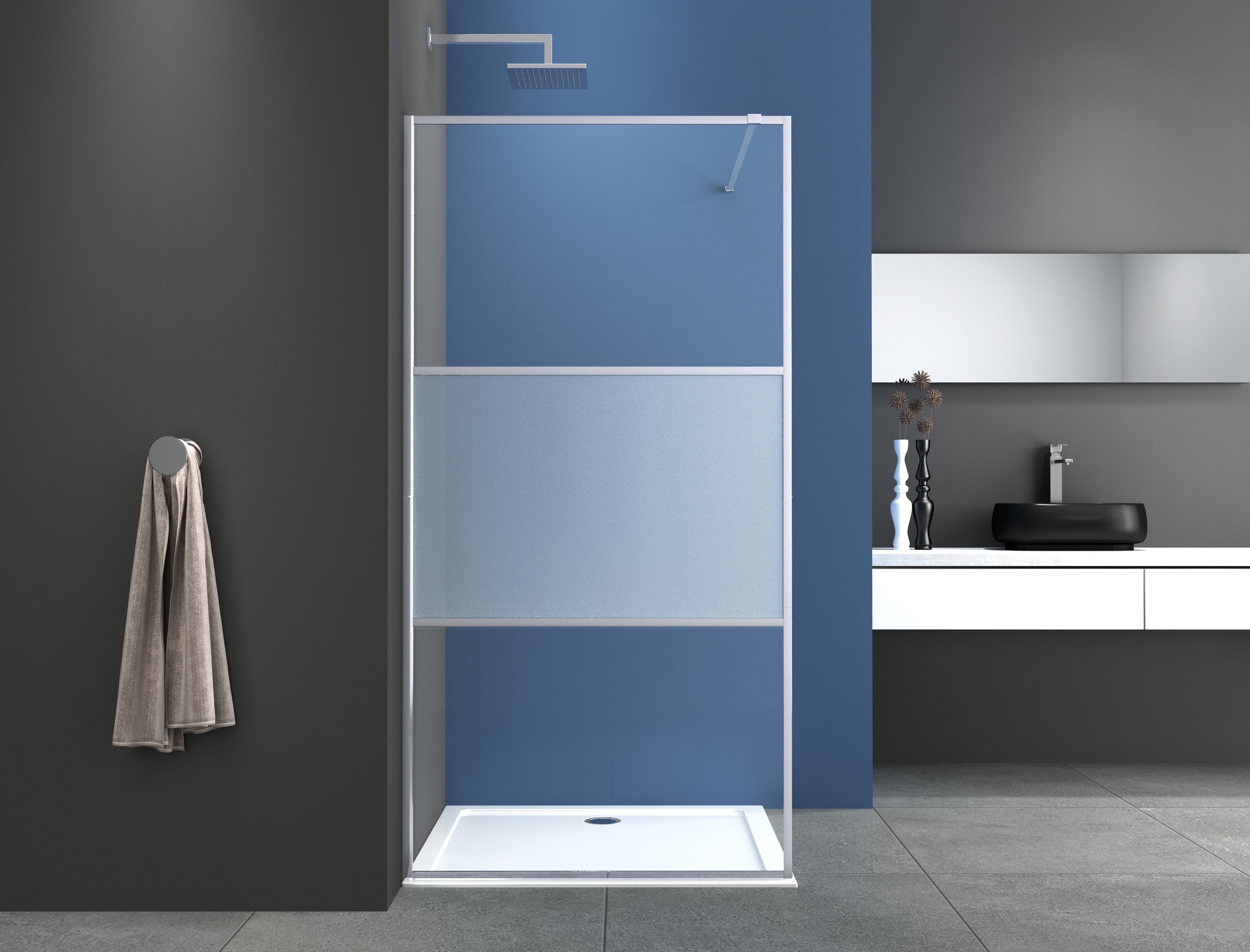 Walk In Dusche 3-teiliger Rahmen chrom mit mittigem Milchglas in verschiedenen Größen