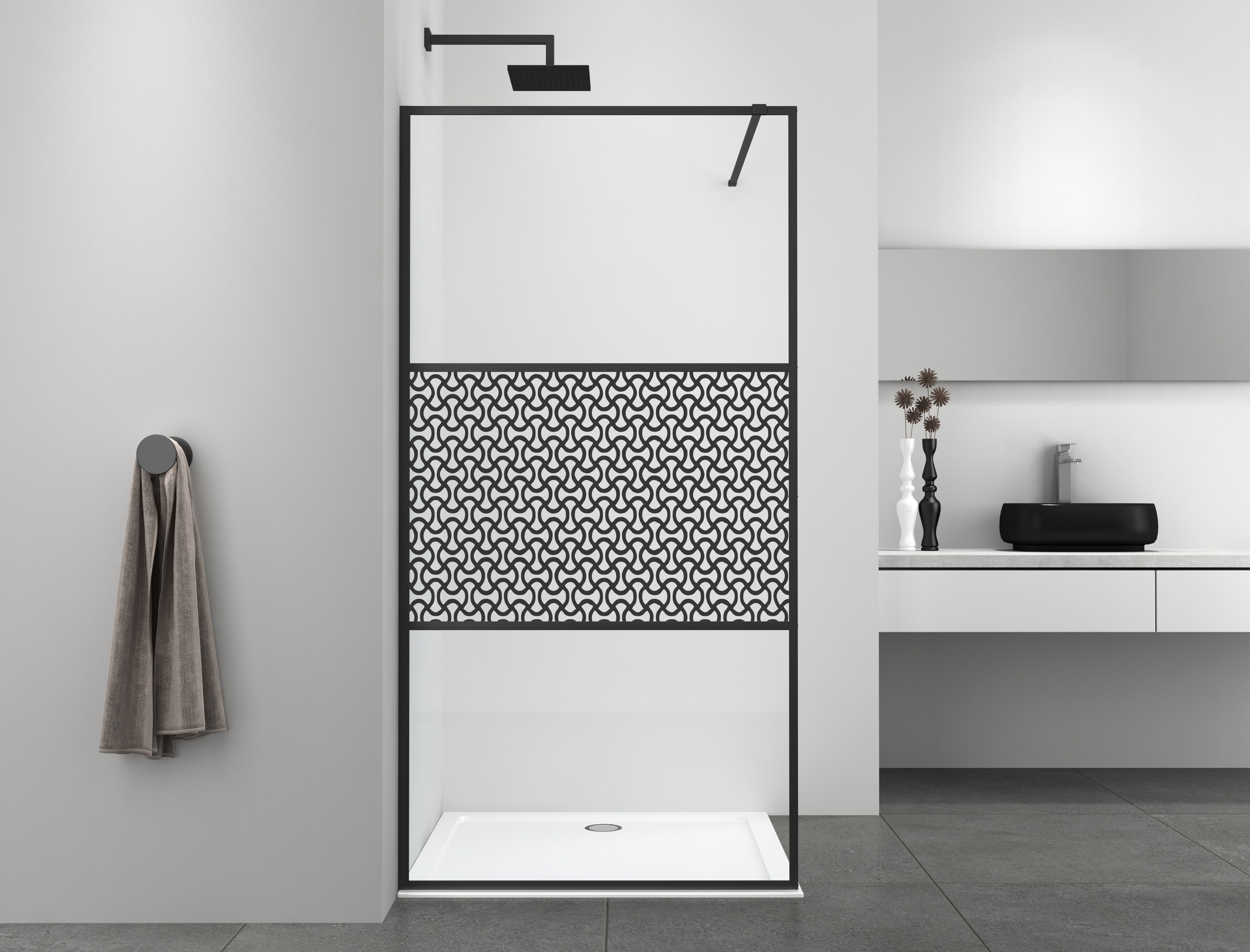 Walk In Dusche mit 3 teiligem Rahmen schwarz mit Designglas in verschieden Größen