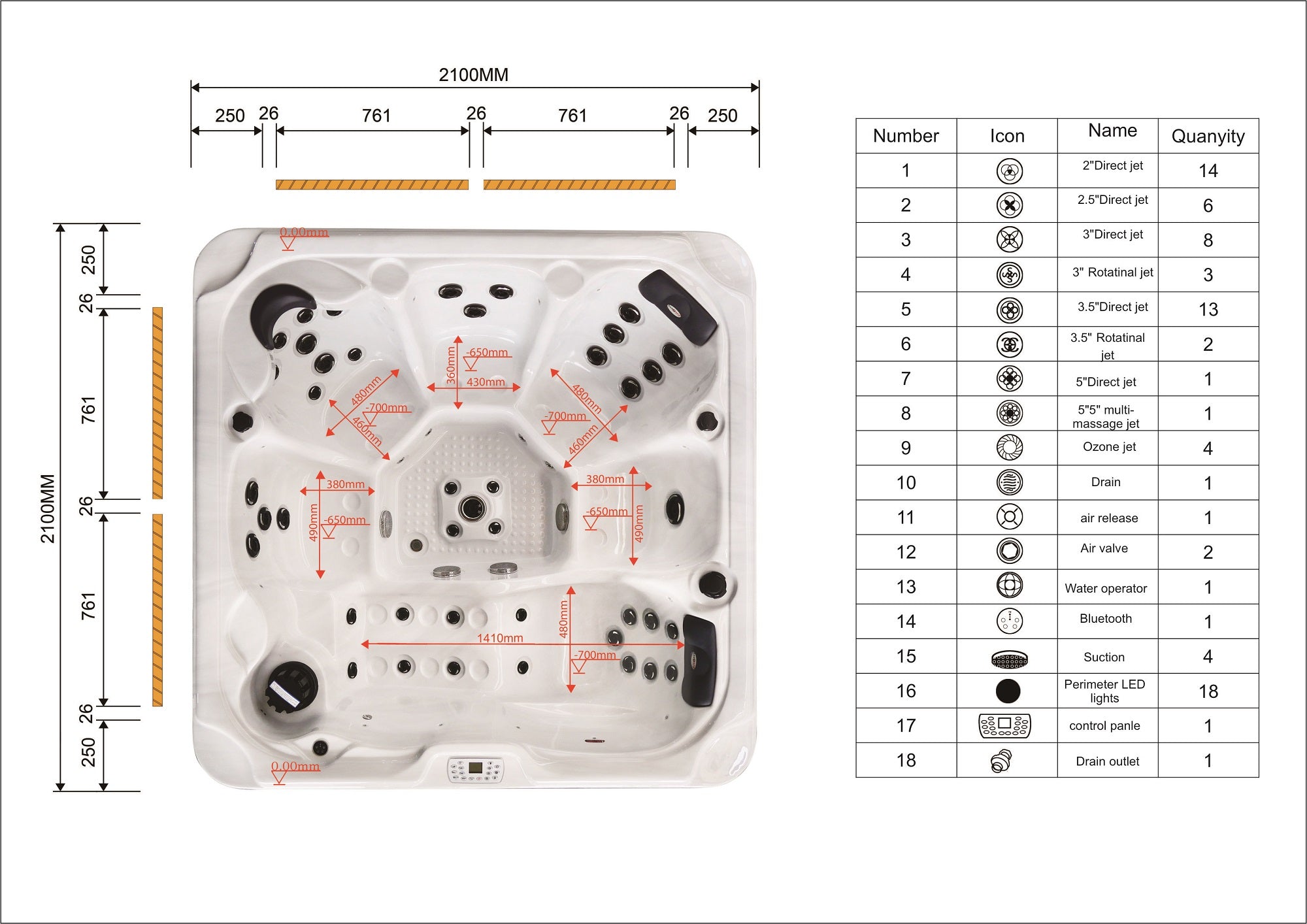 Outdoor whirlpool OASIS Maxi BLUE MARBLE including steps and cover 210x210x95 cm frost-proof