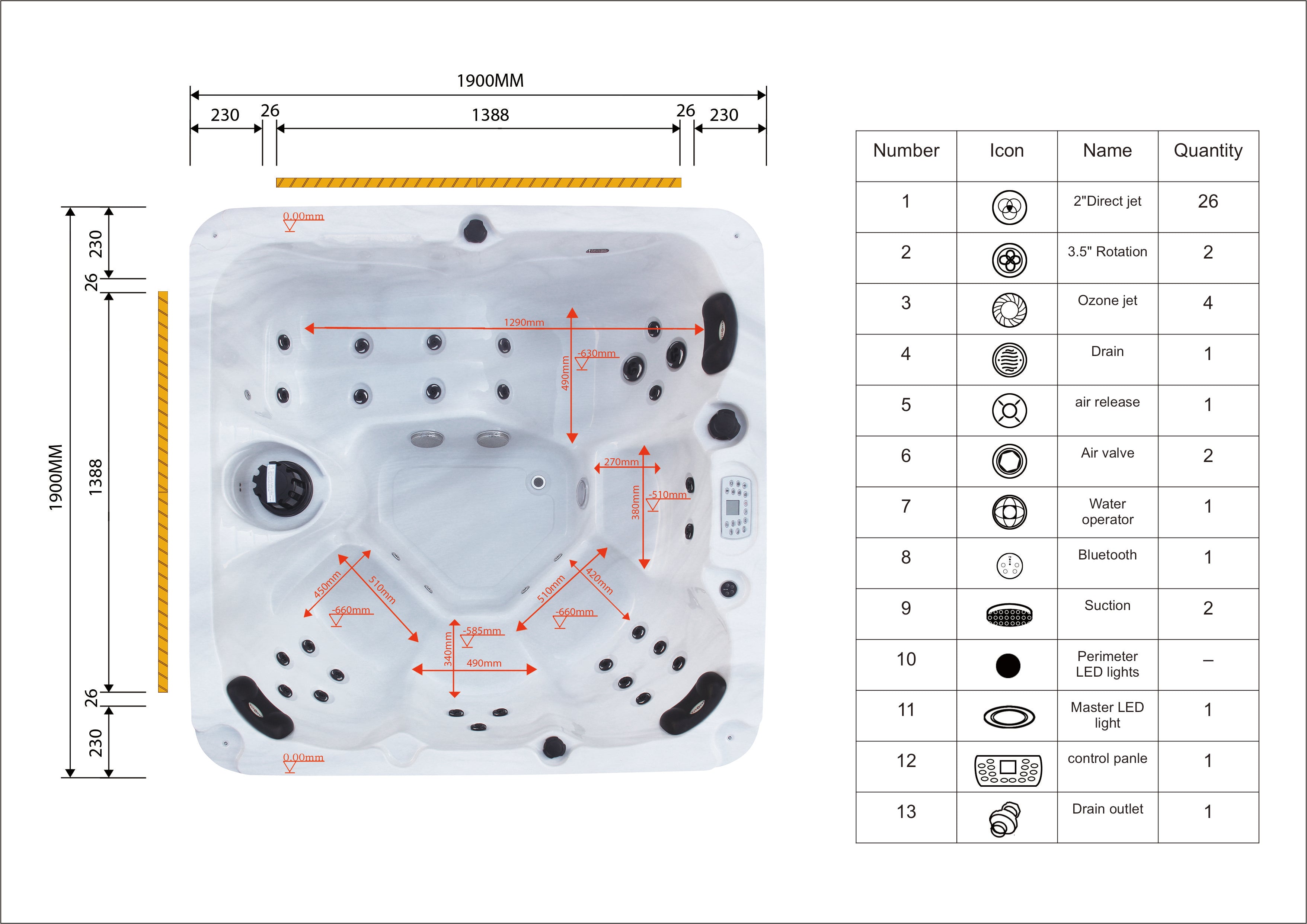 Outdoorwhirlpool PALMA WHITE MARBLE inkl. Abdeckung und Stiege 190x190x86 cm frostsicher