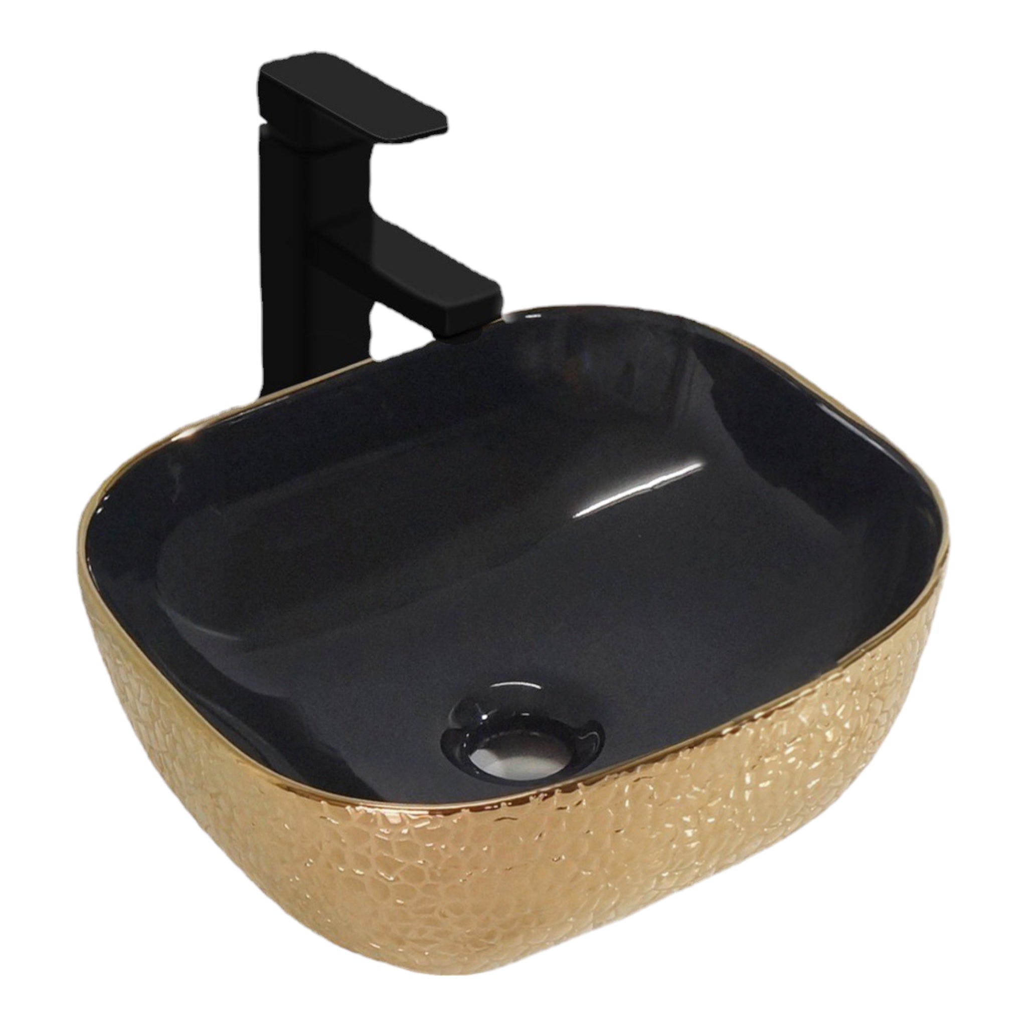 Lavabo de cerámica sobre encimera 42,5x42,5x14 cm | Negro - Oro