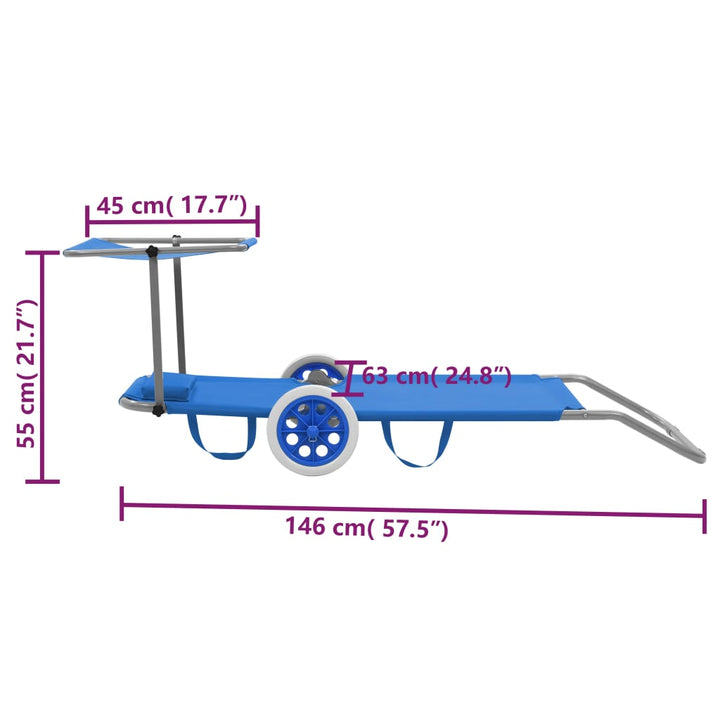 Tumbona plegable con protección solar y ruedas azul acero