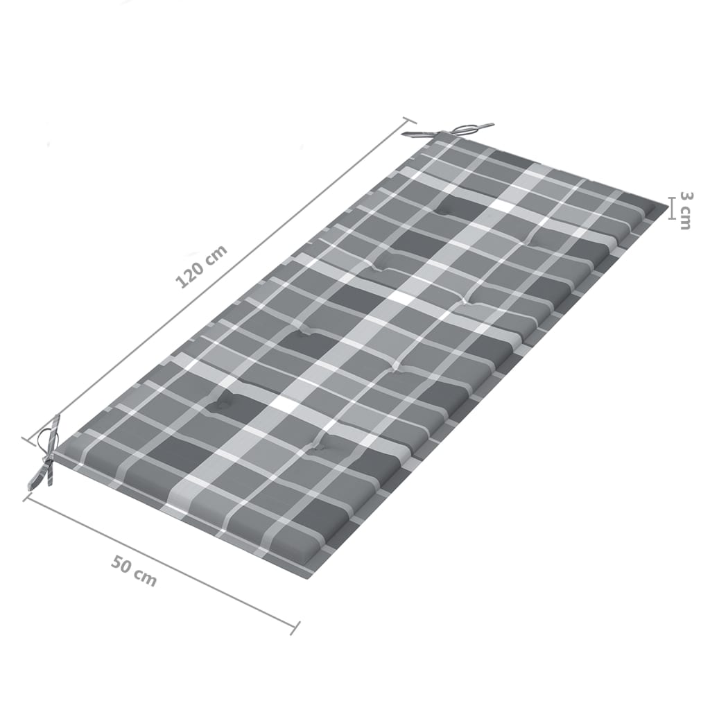 Banco de jardín Batavia con cojín a cuadros gris, teca maciza, 120 cm