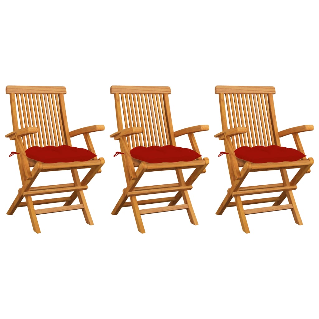 Gartenstühle mit Roten Kissen 3 Stk. Massivholz Teak