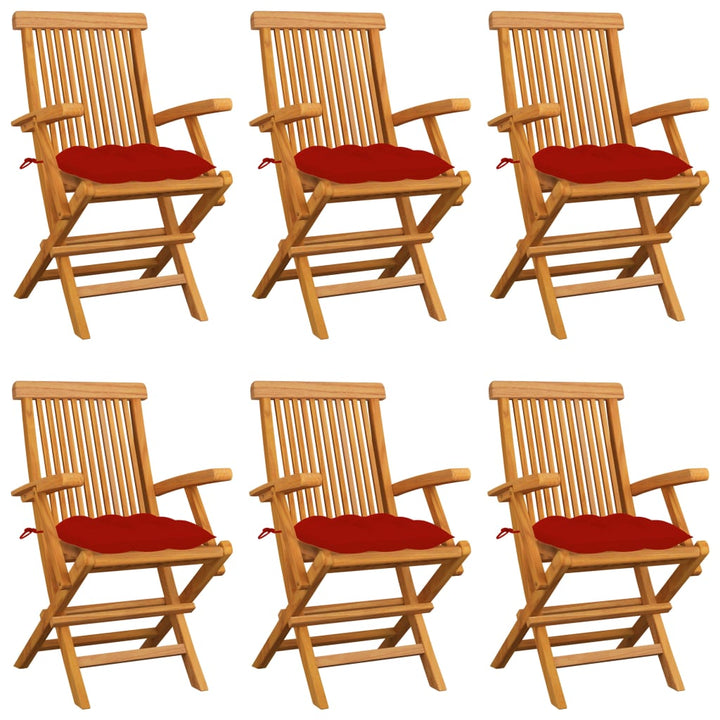Gartenstühle mit Roten Kissen 6 Stk. Massivholz Teak