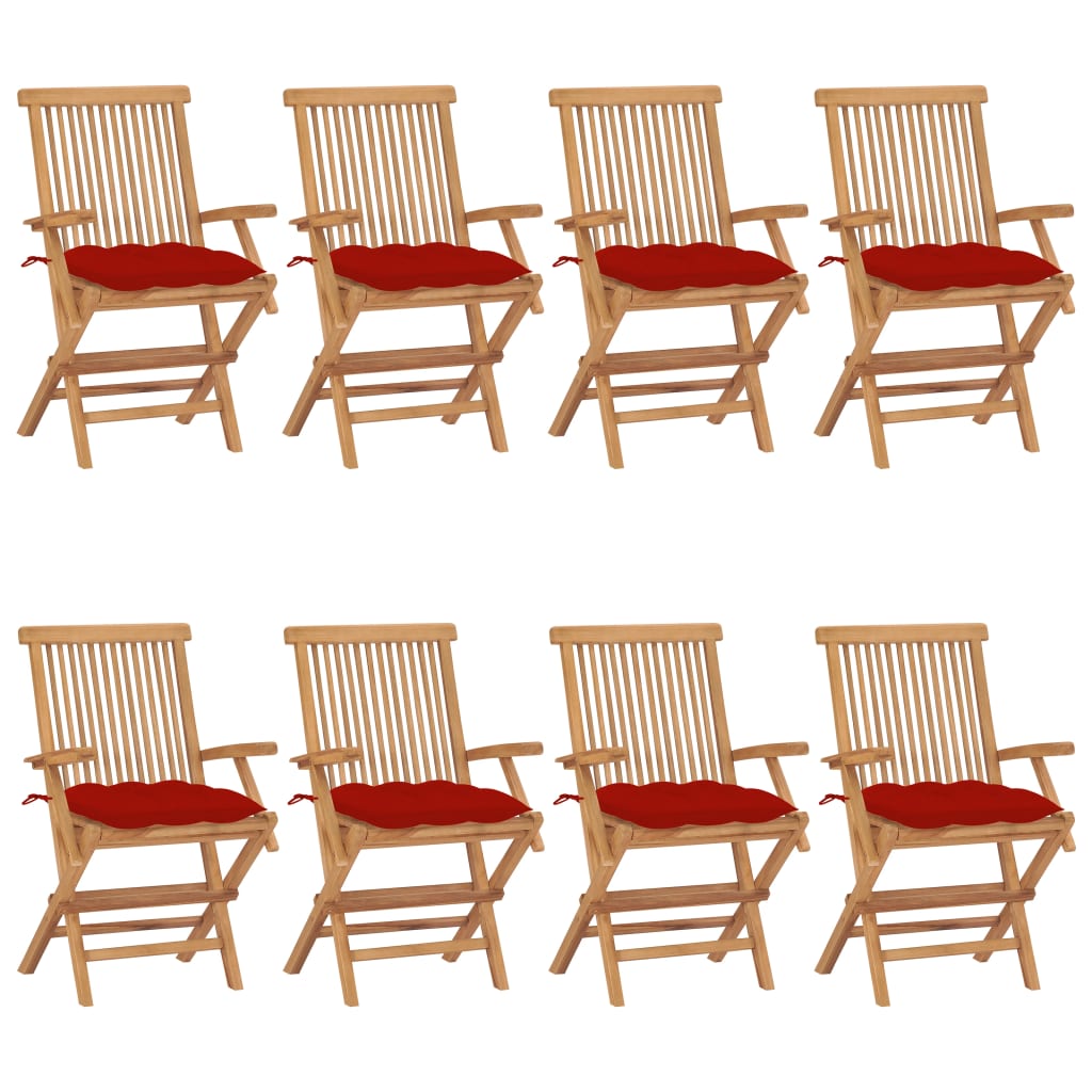 Gartenstühle mit Roten Kissen 8 Stk. Massivholz Teak