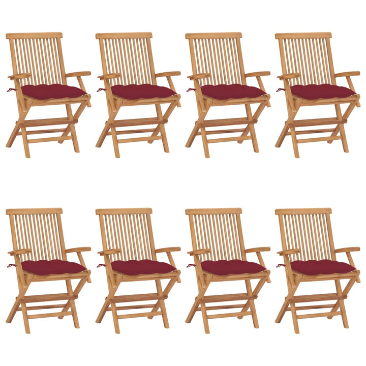 Gartenstühle mit Weinroten Kissen 8 Stk. Massivholz Teak