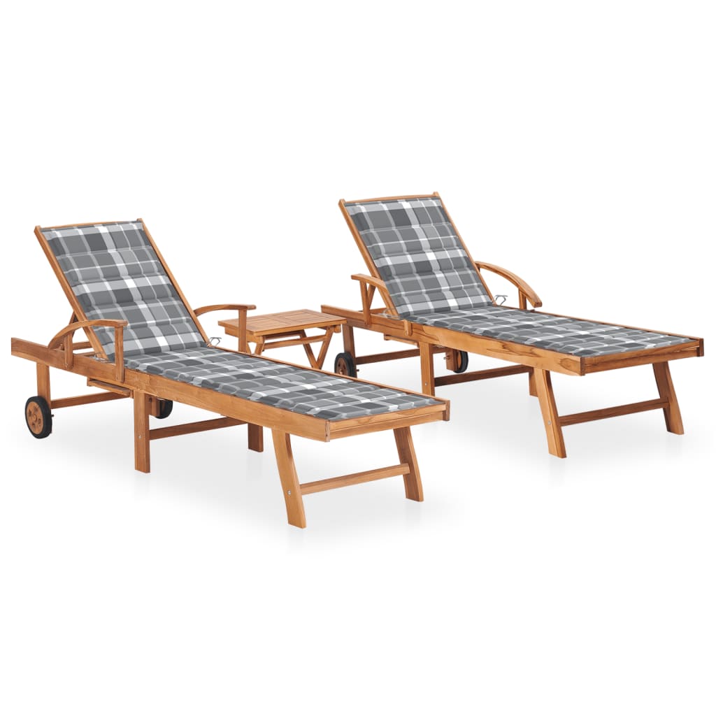 Sonnenliegen 2 Stk. mit Tisch und Auflagen Massivholz Teak