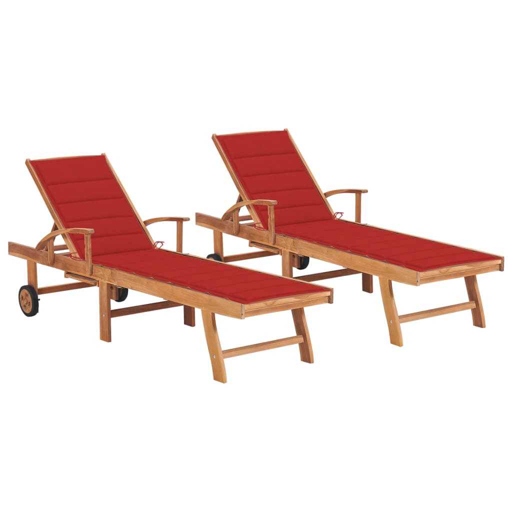 Sonnenliegen 2 Stk. mit Auflagen Rot Massivholz Teak