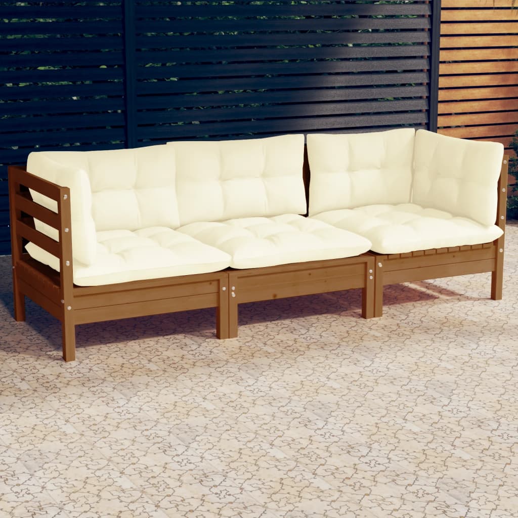 3-Sitzer-Gartensofa mit Creme Kissen Massivholz Kiefer