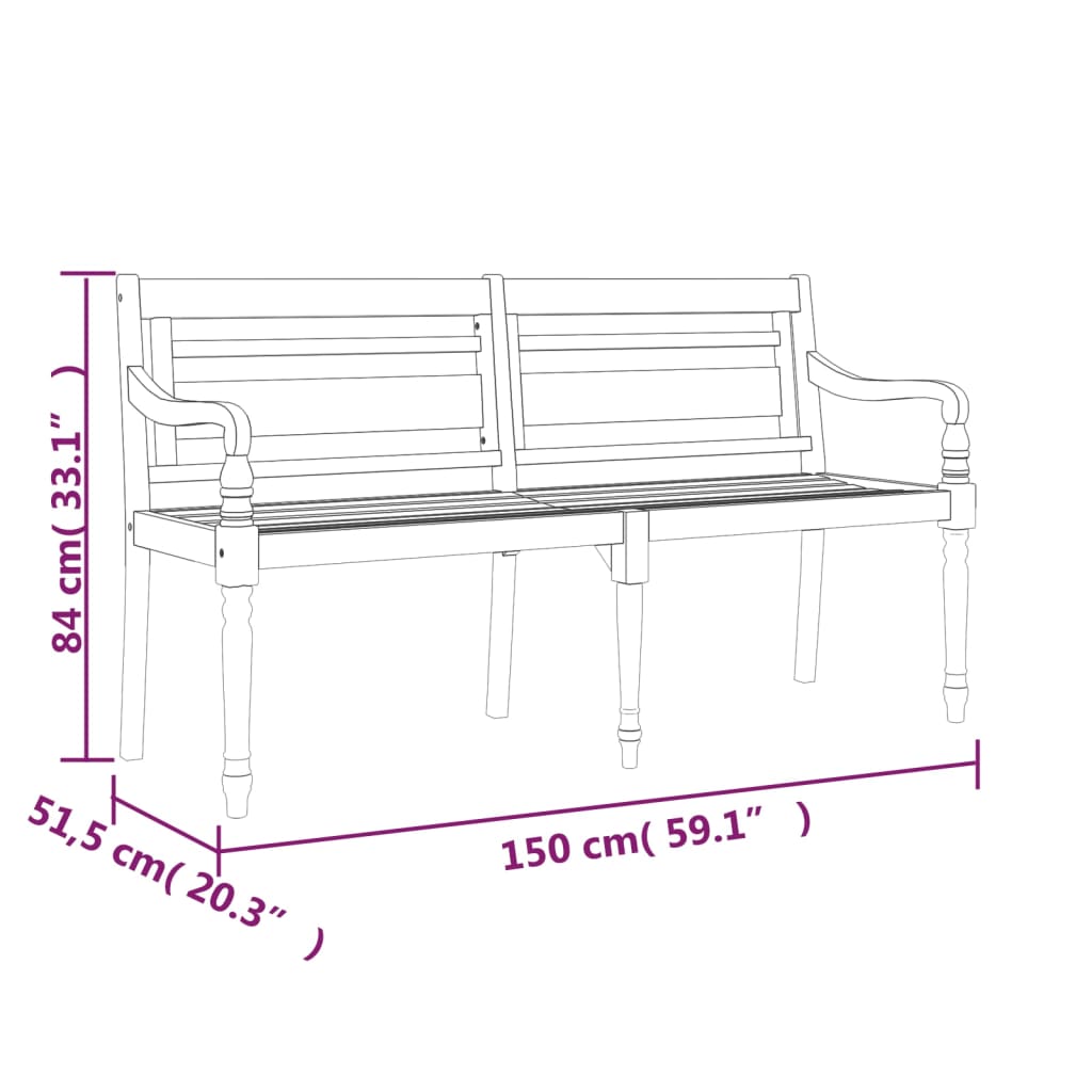 Batavia-Bank mit Kissen Grau Karomuster 150 cm Massivholz Teak