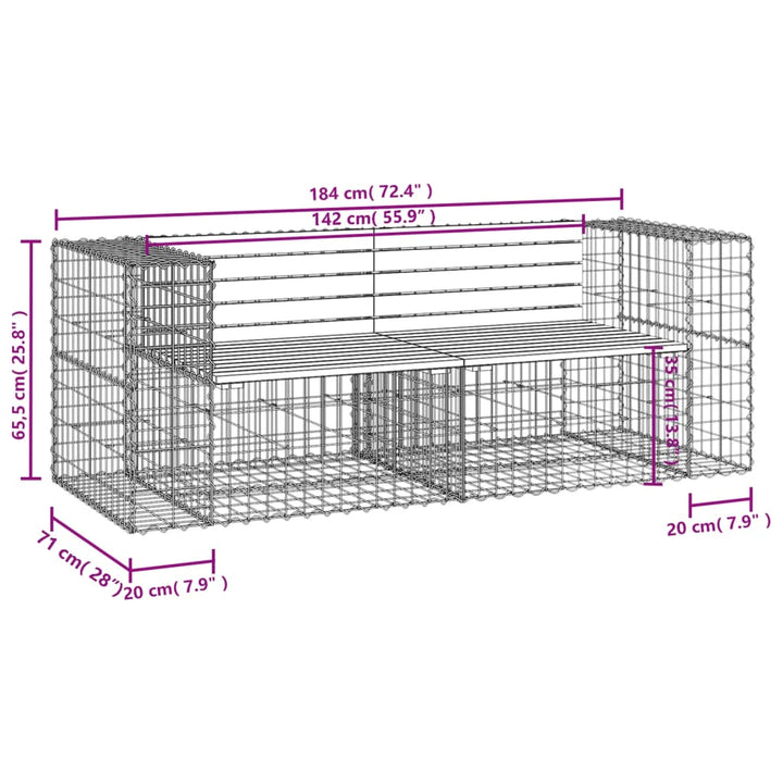 Gartenbank aus Gabionen 184x71x65,5 cm Kiefernholz Imprägniert