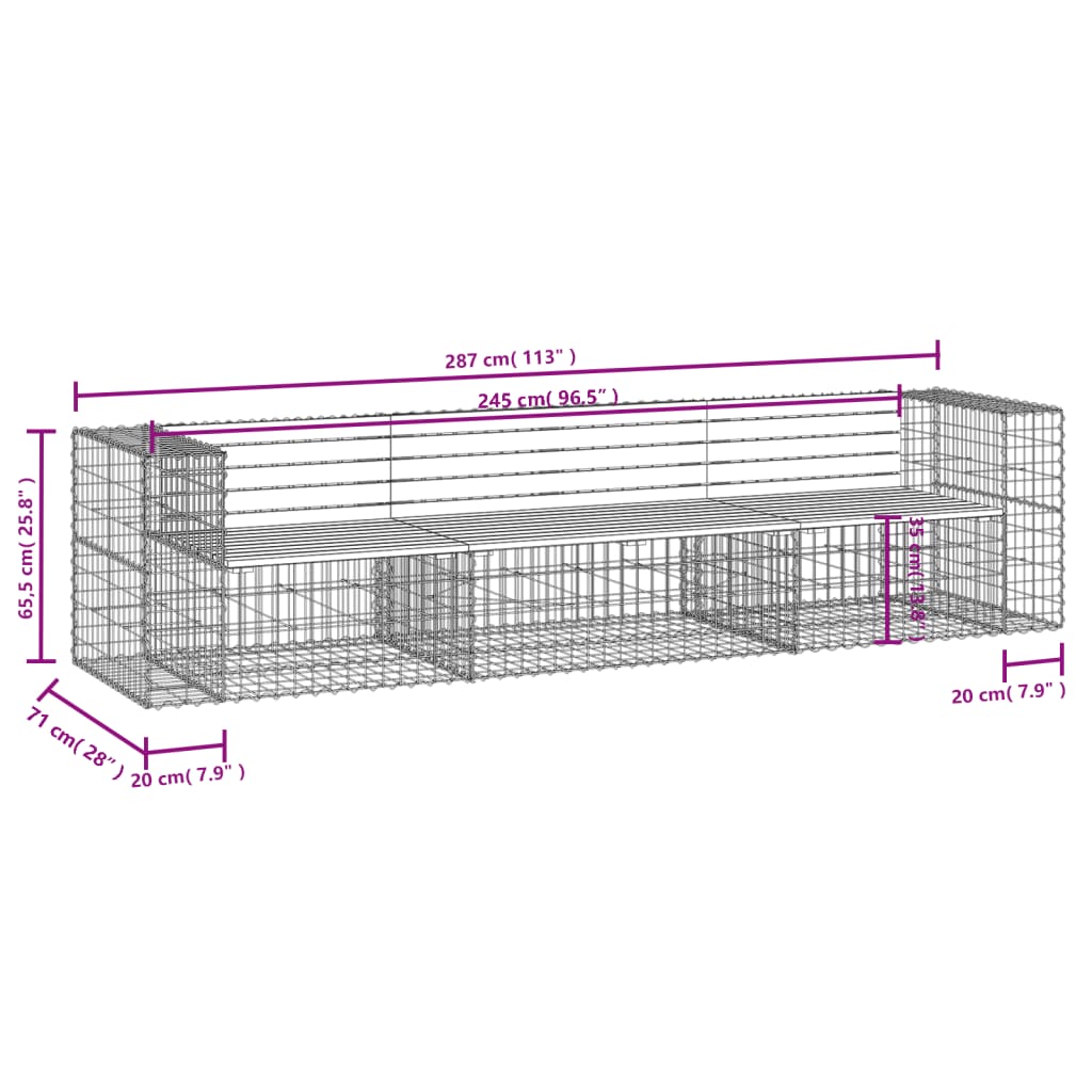 Banco de jardín fabricado en gaviones 287x71x65,5 cm madera maciza de pino