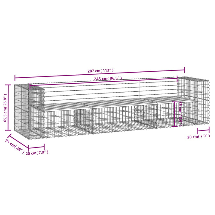 Banco de jardín fabricado en gaviones 287x71x65,5 cm madera maciza de pino