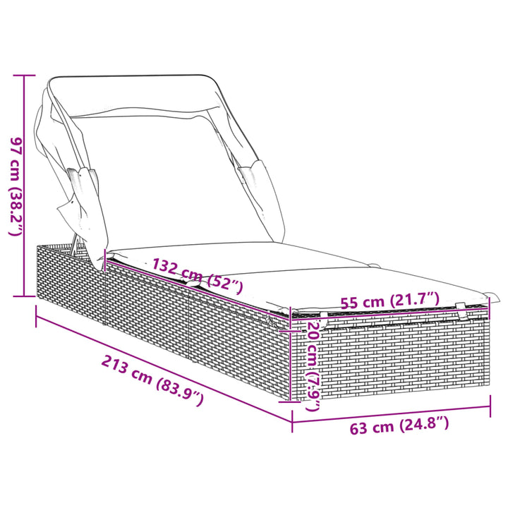 Sonnenliege mit Faltdach Braun 213x63x97 cm Poly Rattan