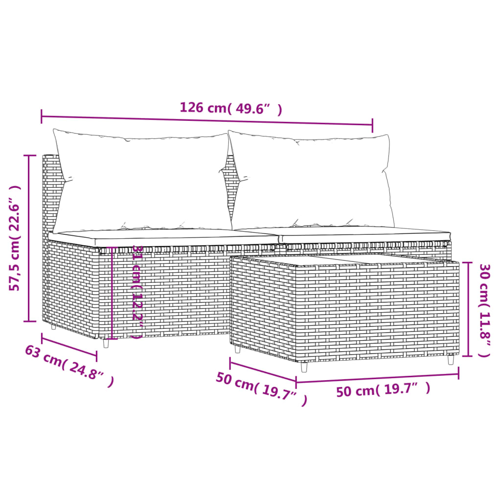 3-tlg. Garten-Lounge-Set mit Kissen Schwarz Poly Rattan