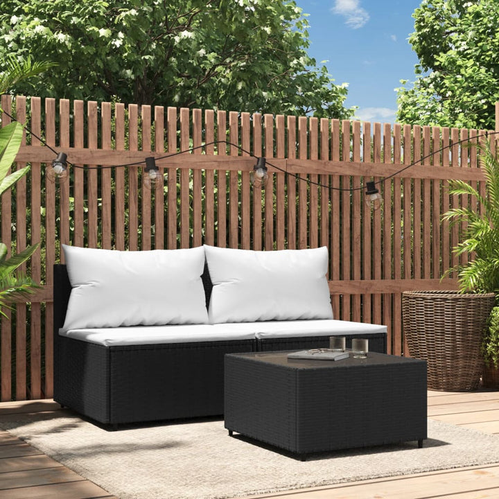 3-tlg. Garten-Lounge-Set mit Kissen Schwarz Poly Rattan