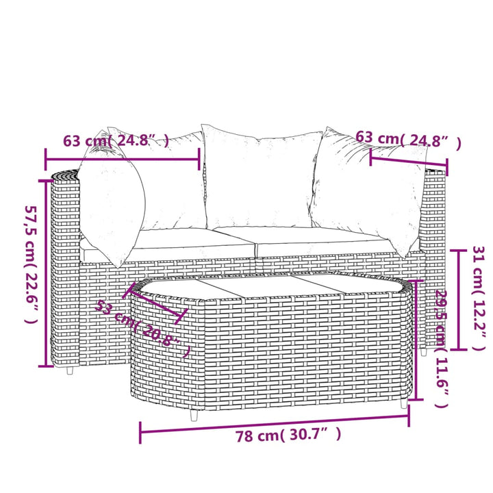 3-tlg. Garten-Lounge-Set mit Kissen Braun Poly Rattan