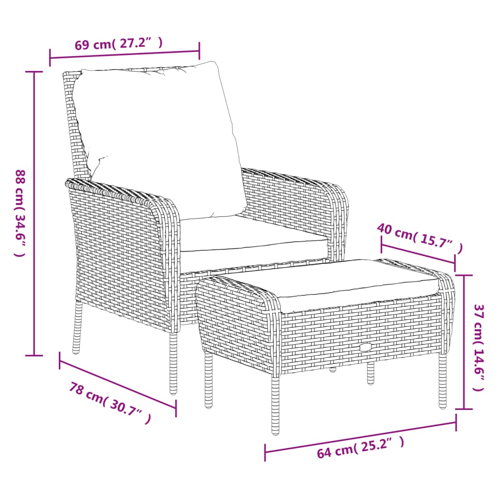 Gartenstuhl mit Fußhocker Grau Poly Rattan