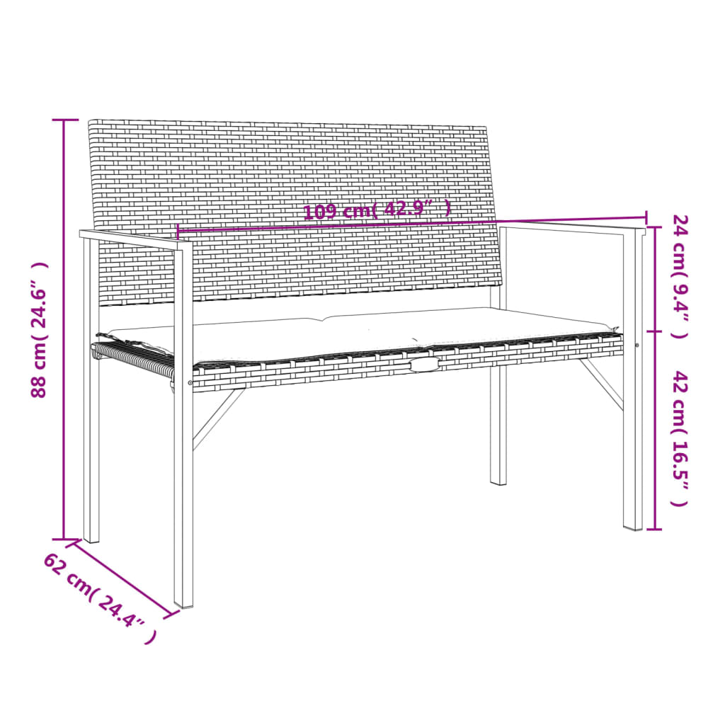 Gartenbank 2-Sitzer mit Kissen Schwarz Poly Rattan