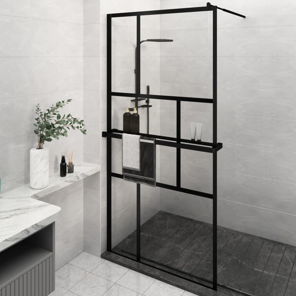 Duschwand mit Ablage für Walk-In-Dusche Schwarz 115x195 cm ESG