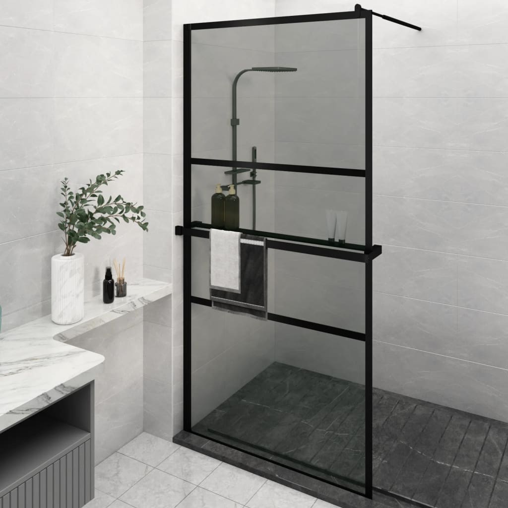 Duschwand mit Ablage für Walk-In-Dusche Schwarz 115x195 cm ESG