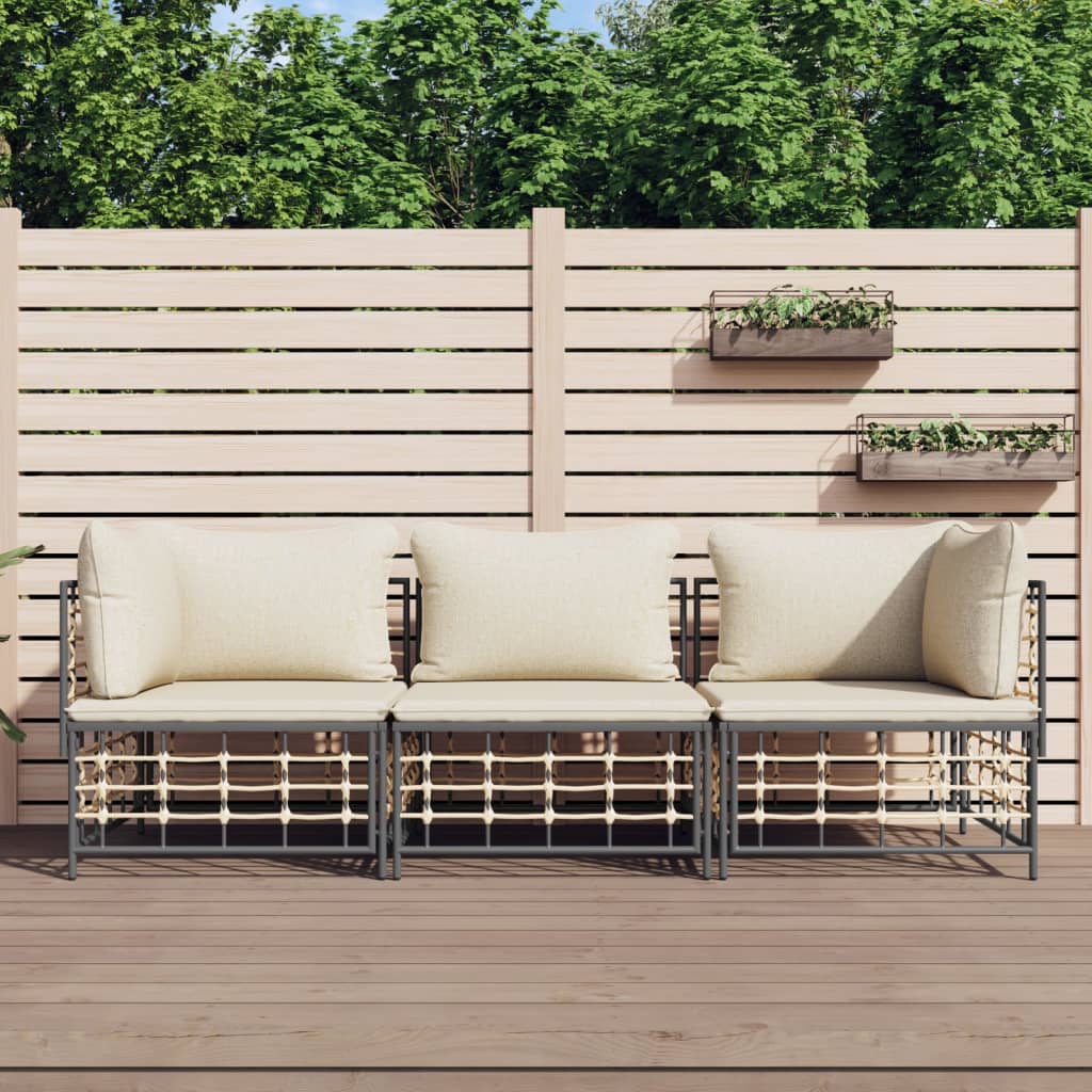 3-tlg. Garten-Lounge-Set mit Kissen Anthrazit Poly Rattan