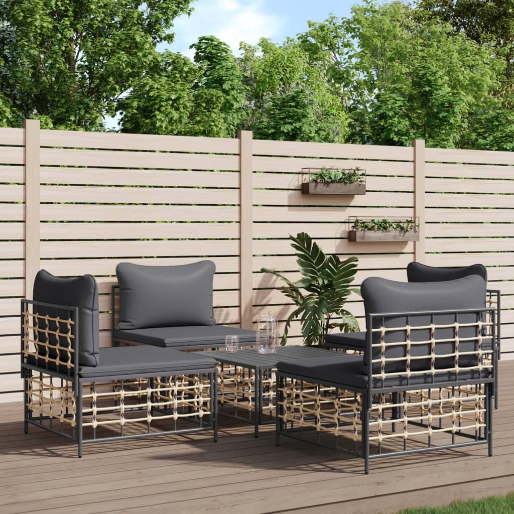 5-tlg. Garten-Lounge-Set mit Kissen Anthrazit Poly Rattan