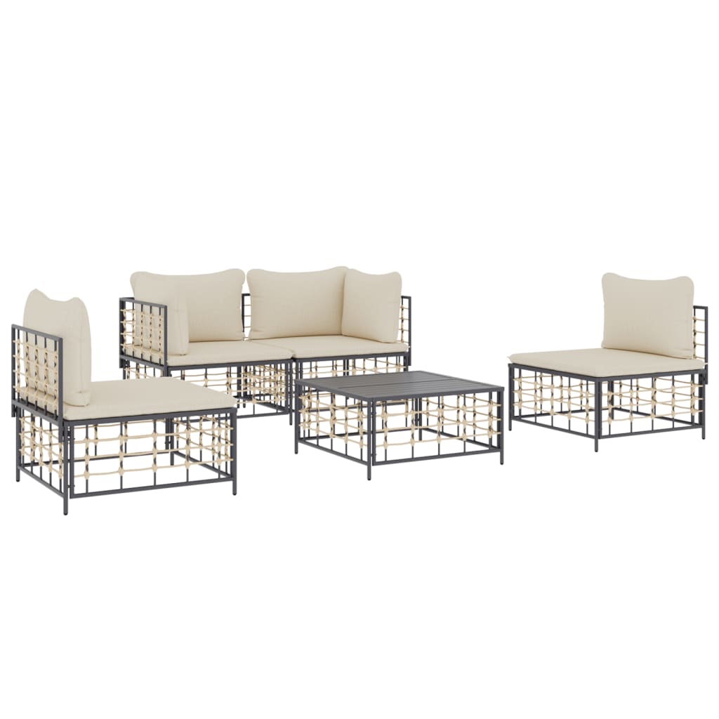 5-tlg. Garten-Lounge-Set mit Kissen Anthrazit Poly Rattan