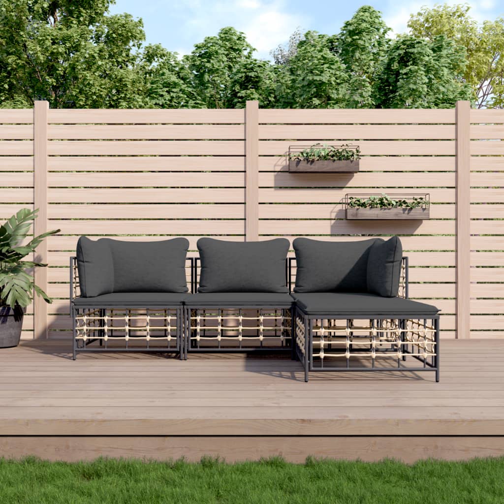 4-tlg. Garten-Lounge-Set mit Kissen Anthrazit Poly Rattan