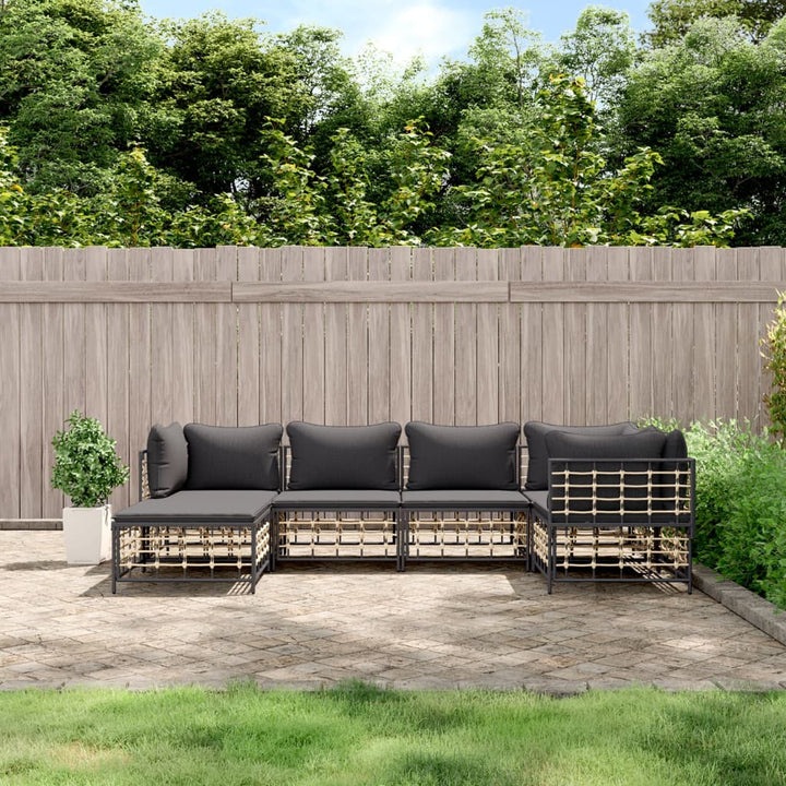 6-tlg. Garten-Lounge-Set mit Kissen Anthrazit Poly Rattan