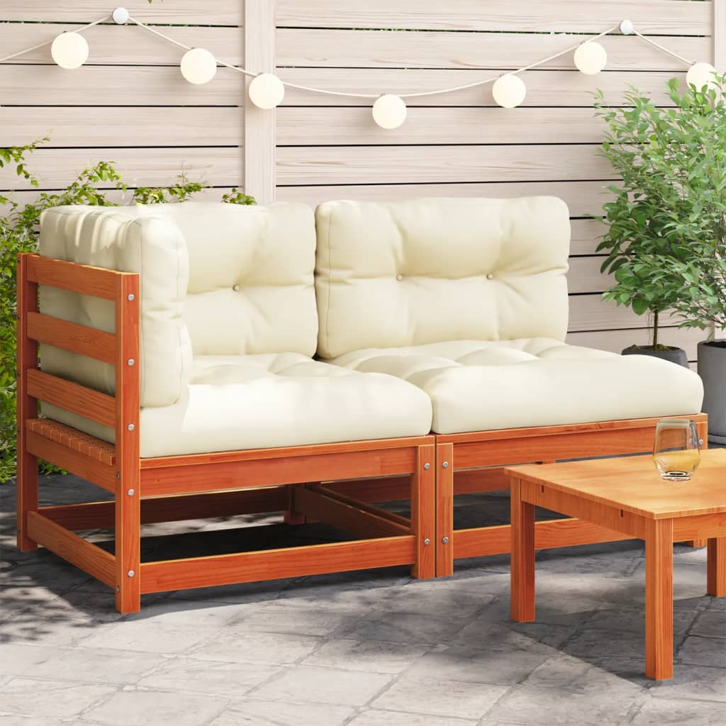 Gartensofa mit Kissen 2-Sitzer Wachsbraun Massivholz Kiefer