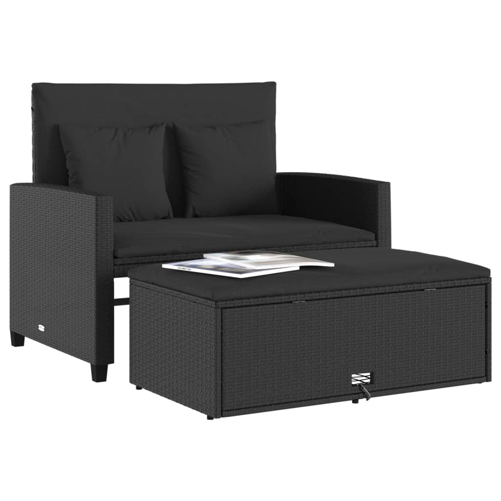 Gartensofa mit Kissen 2-Sitzer Schwarz Poly Rattan