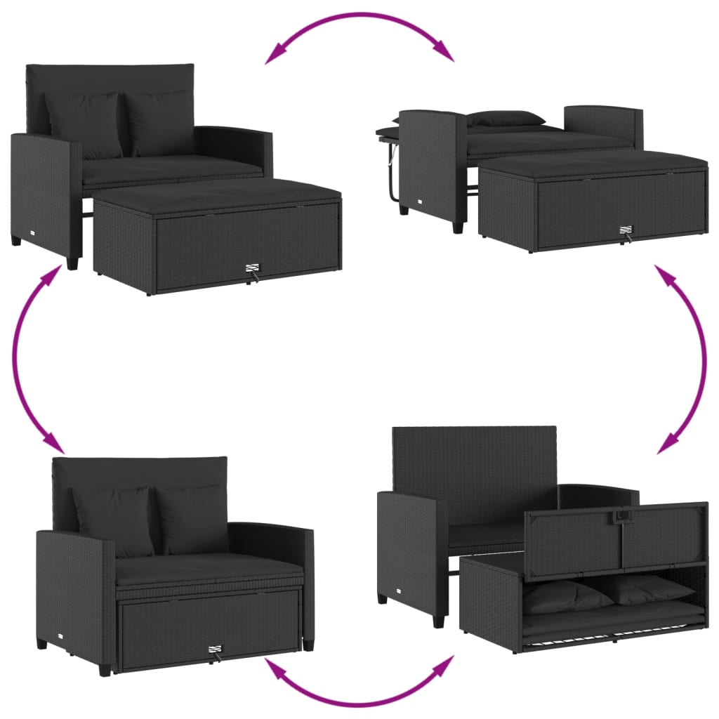 Gartensofa mit Kissen 2-Sitzer Schwarz Poly Rattan