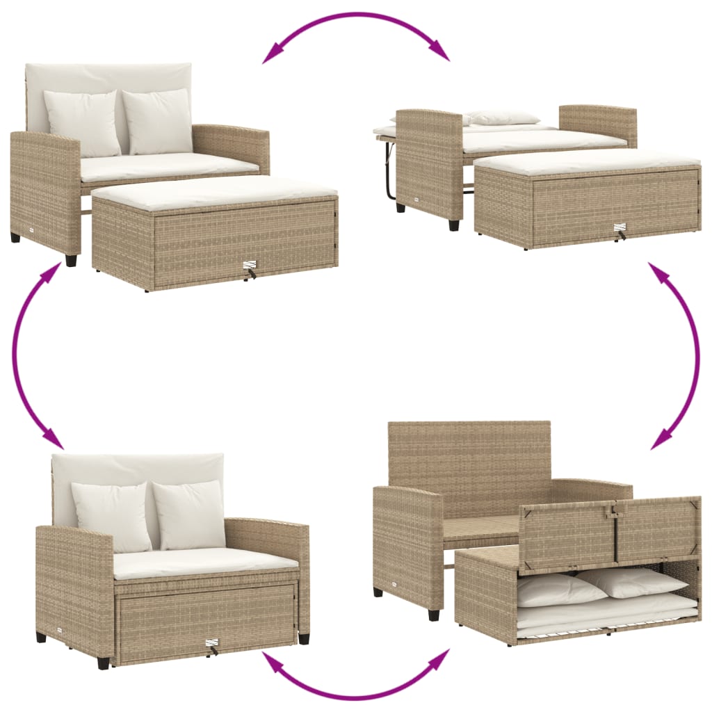 Gartensofa mit Kissen 2-Sitzer Beige Poly Rattan