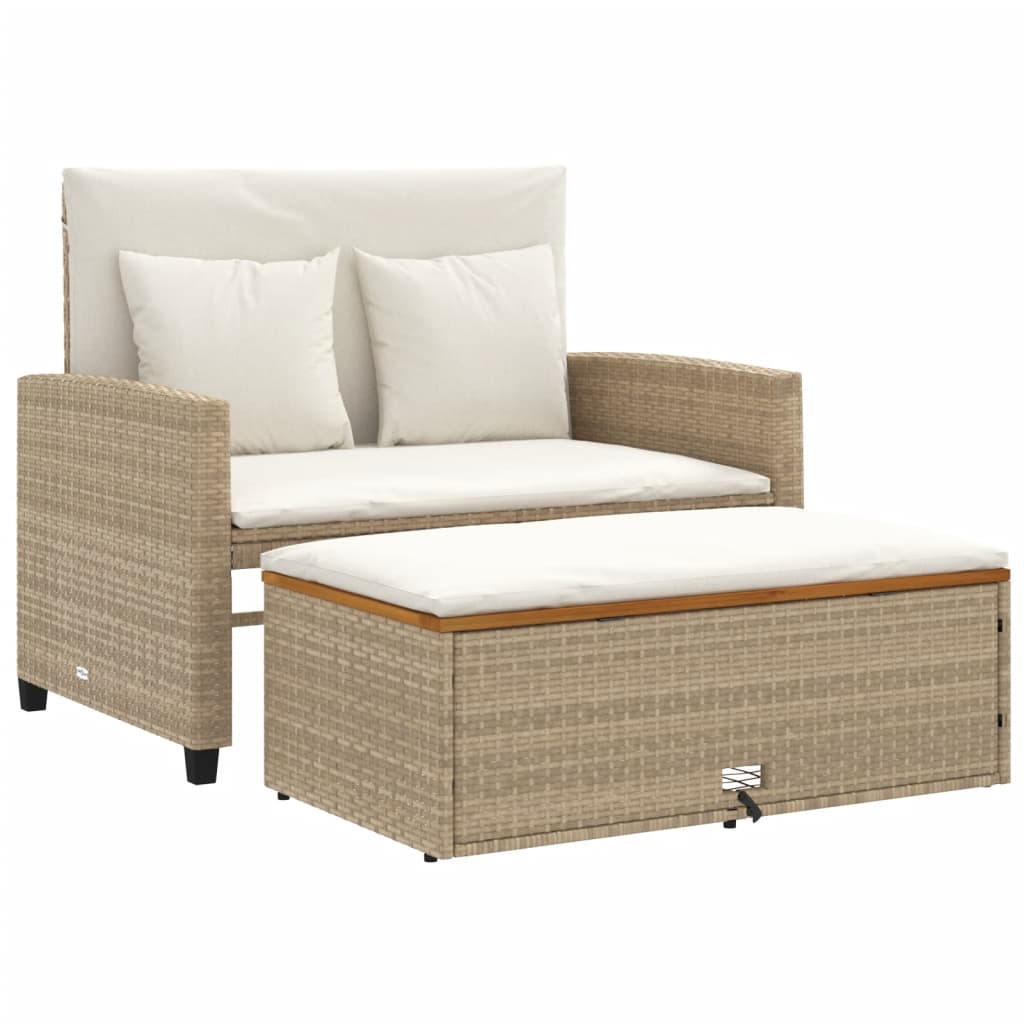 Gartensofa mit Kissen 2-Sitzer Beige Poly Rattan & Akazienholz