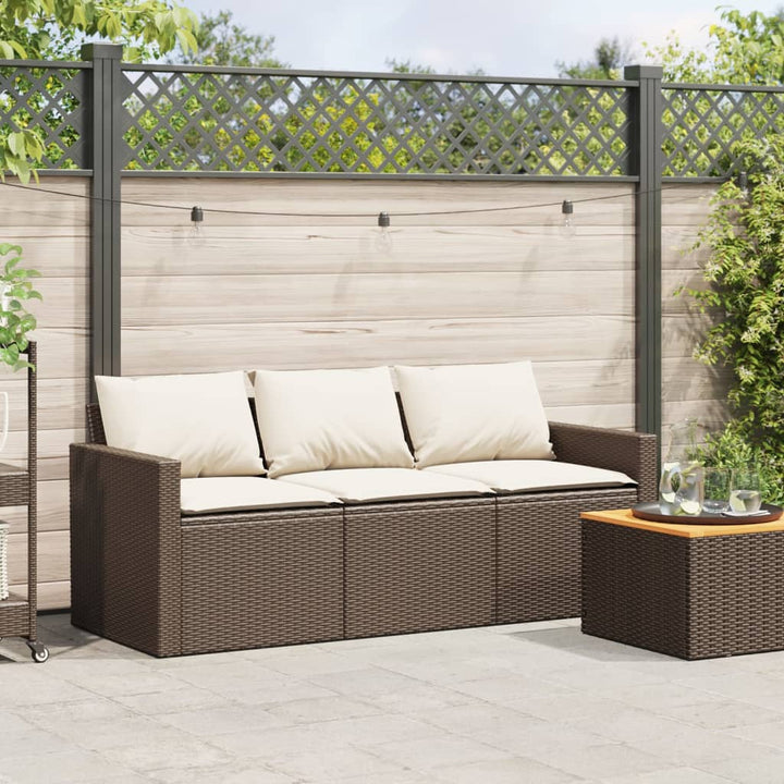 Gartensofa mit Kissen 3-Sitzer Braun Poly Rattan