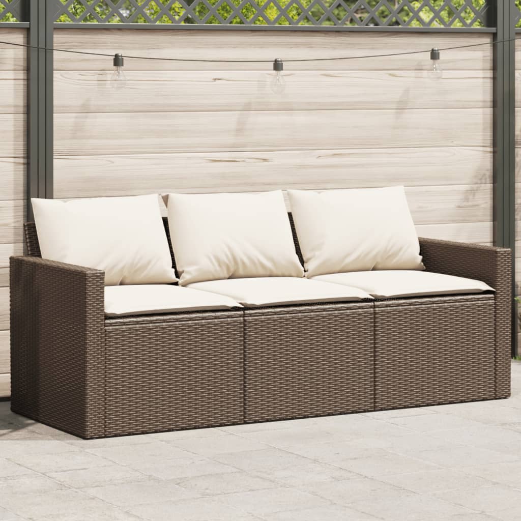 Gartensofa mit Kissen 3-Sitzer Braun Poly Rattan